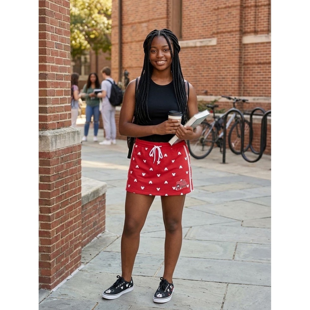 Disney Mickey Mouse Mini Skirt Women S Red White Lace Trim Drawstring Excellent